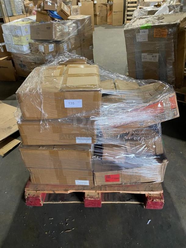 Mixed pallet with new commercial dishware: Steelite carafe lid, Tuxton 9" plate, Chef Specialties pepper mill, Carlisle plate, Steelite pitcher.