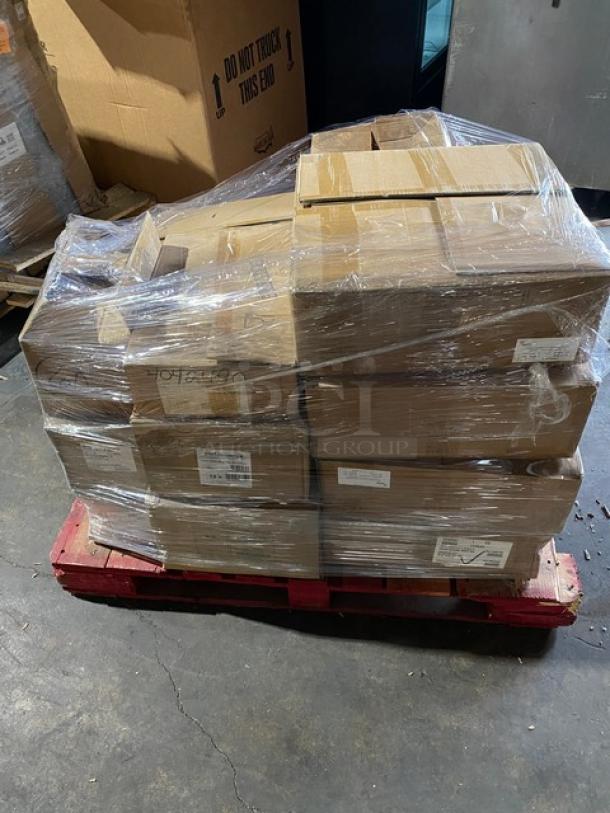 Mixed pallet with Steelite, Tuxton, Chef Specialties, Carlisle items; new condition, labeled boxes, shrink-wrapped, on red pallet.