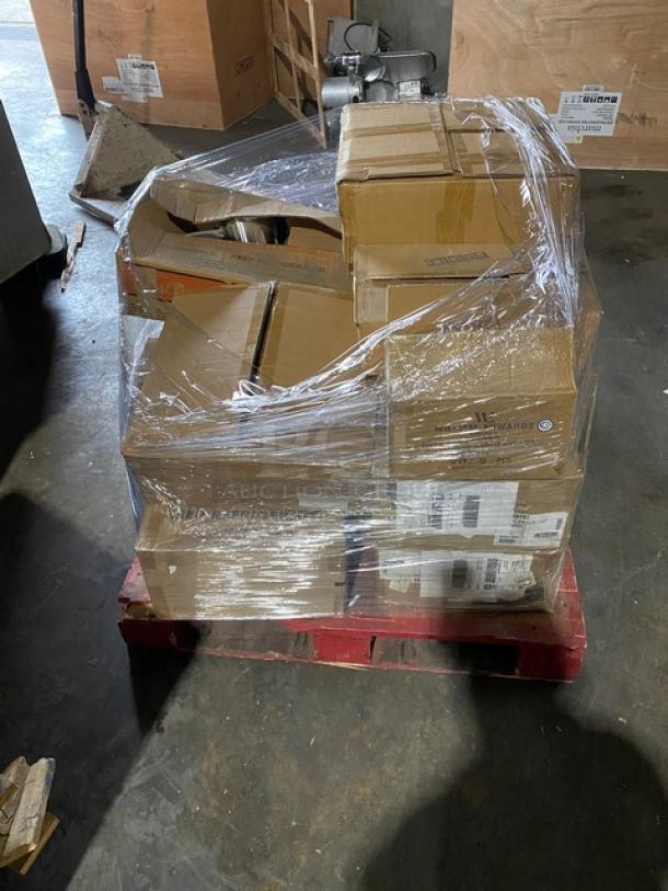 Mixed pallet of assorted commercial kitchen items, boxed and wrapped in plastic. Includes Steelite carafe lid, Tuxton plates, Chef Specialties pepper mill, and more. Brand new condition.