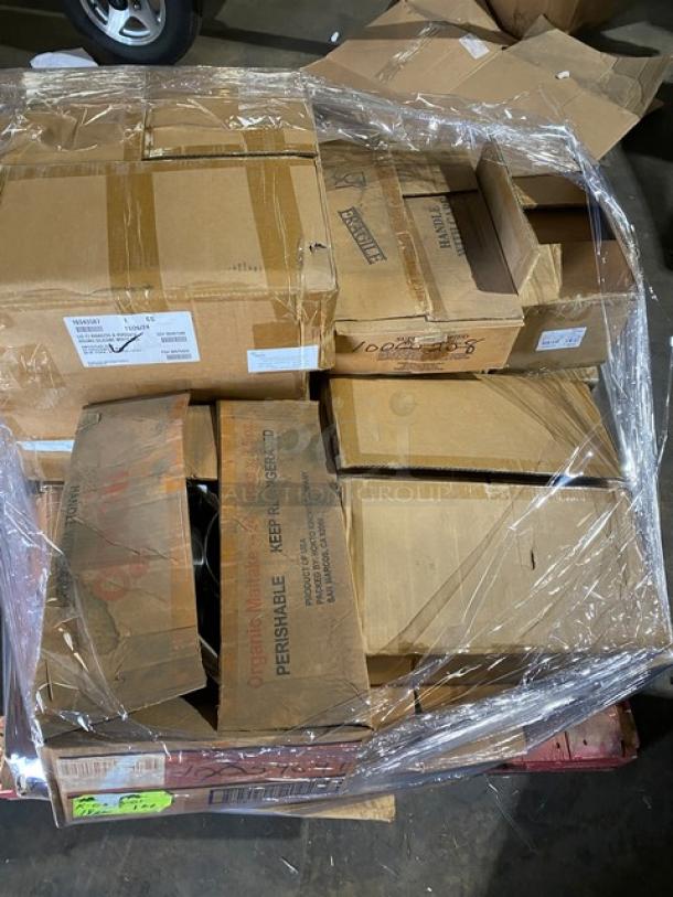 Mixed pallet with various commercial dining items in original boxes. Includes Steelite replacement lids, Tuxton plates, Chef Specialties pepper mill, Carlisle sandwich plates, and Steelite beverage pitchers. Boxes unopened, some with shipping labels.