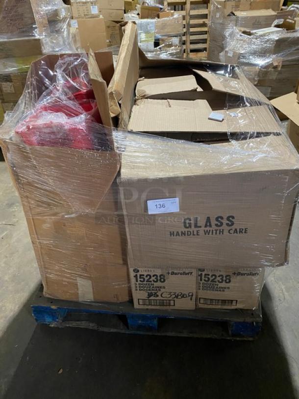 Mixed pallet of Chef & Sommelier wine glasses, Libbey beverage glasses, Sterno candle lamps, Dinex mugs, CAC Chine crocks in boxes.