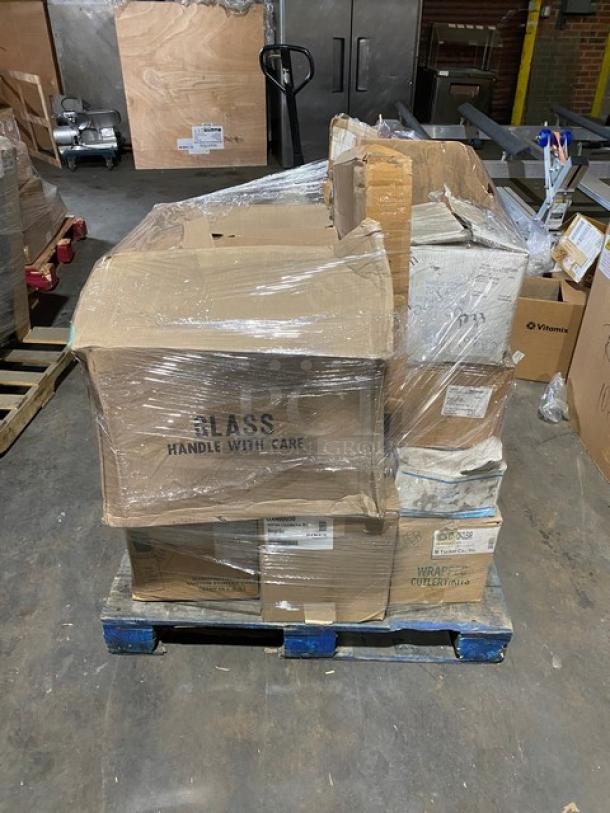 Mixed pallet of Chef & Sommelier wine glasses, Libbey beverage glasses, Sterno votive lamps, Dinex mugs, CAC China crocks. Sealed boxes.