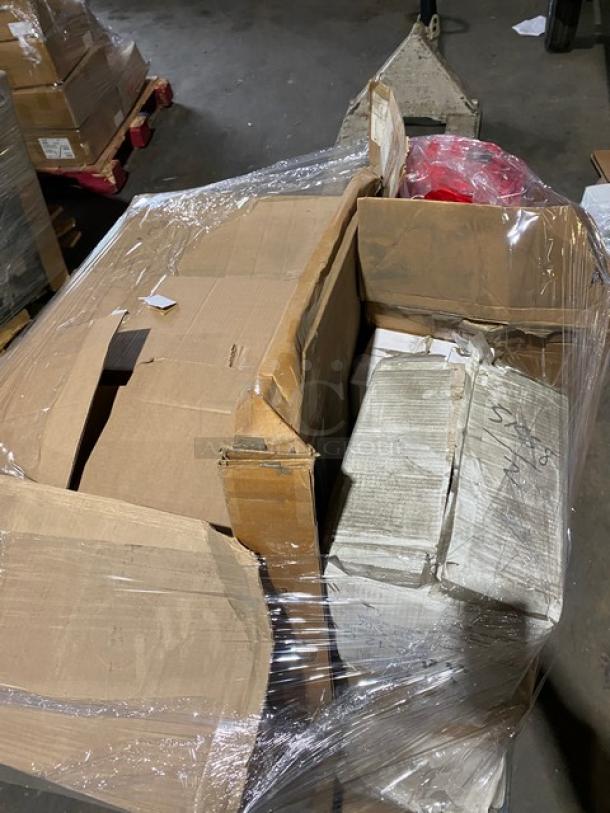 Mixed pallet of new commercial glassware and crockery, including Chef & Sommelier wine glasses, Libbey beverage glasses, and more.