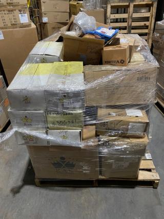 Mixed pallet of new commercial dinnerware, including Steelite plates, Robert Gordon bowls, Carlisle lids, and Cambro covers.