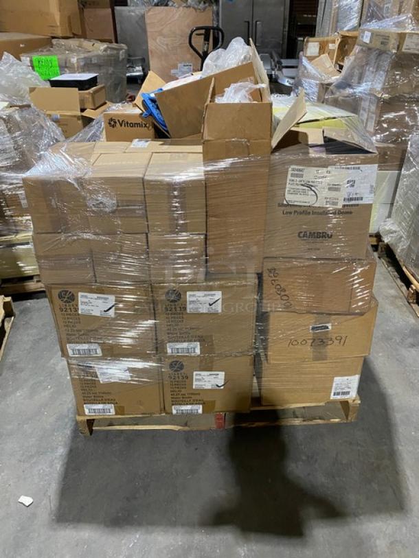 Mixed pallet with Steelite plates, bowls, Carlisle lids, and Cambro covers, brand new in boxes with visible product labels.