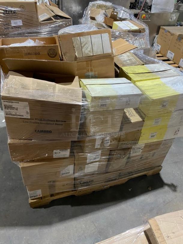 Mixed pallet of new commercial dishware: Steelite plates, bowls, Carlisle lids, Cambro covers. Various models and collections.