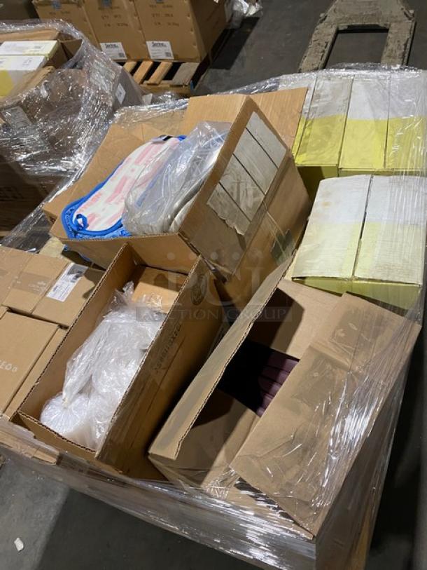 Mixed pallet with brand new Steelite plates, Robert Gordon bowls, Carlisle lids, Cambro dome covers, and more kitchenware in boxes.