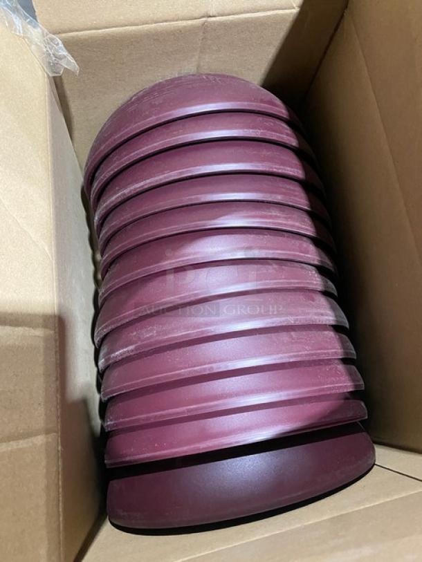 Box of Cambro Shoreline cranberry low-profile insulated dome plate covers, model MDSLD9487, stacked neatly.