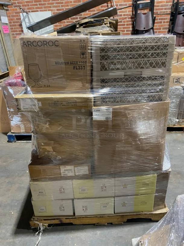 Mixed pallet with new Rubbermaid, Clipper Mill, Winco, and Arcoroc commercial items. Boxes wrapped, labels indicate models FG269288GRN, 4-84855, CBBU-1824, FL337.