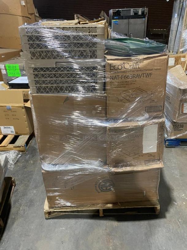 Mixed pallet including Rubbermaid Slim Jim lid, Clipper Mill basket, Winco cutting board, and Arcoroc beer glasses. New condition.