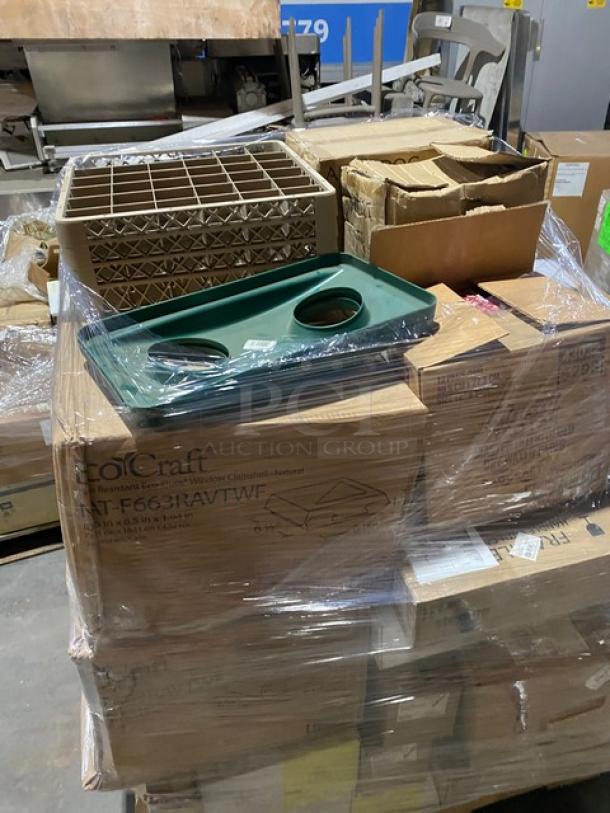 Mixed pallet with Rubbermaid Slim Jim green bottle/can lid, Clipper Mill stainless steel basket, Winco blue cutting board, Arcoroc beer glasses. Brand new.