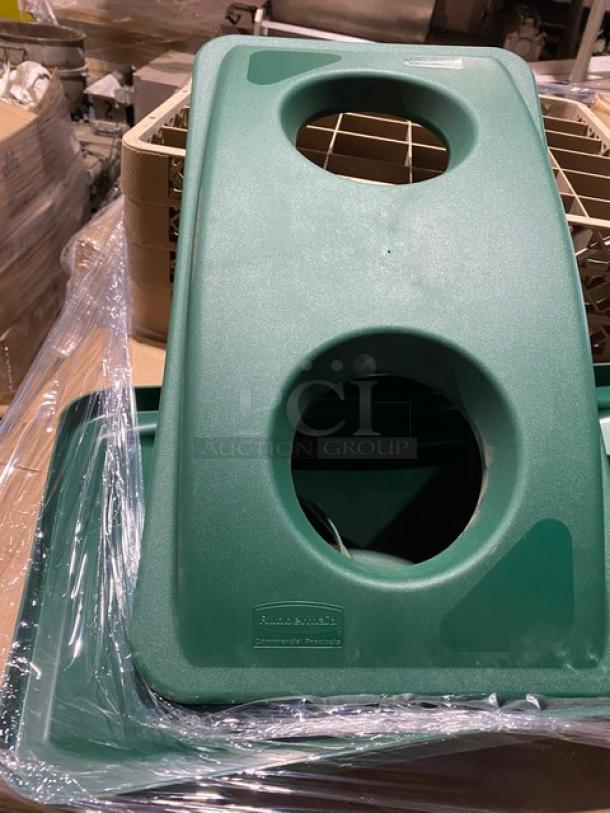 Brand new Rubbermaid Slim Jim green recycling lid, Model FG269288GRN, with wrapped commercial items on pallet.
