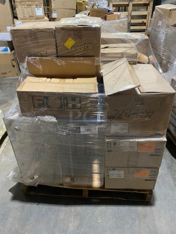 Mixed pallet of culinary essentials, includes brand new commercial kitchenware: green cutting board, porcelain bowls, stainless steel tongs, basket, Bordeaux wine glasses, dinner forks, and more. Model numbers: CBPP-18-GR, DBO164WHP23, 607691, 4-84855, 1350135, 5502J021. 43X your bid.