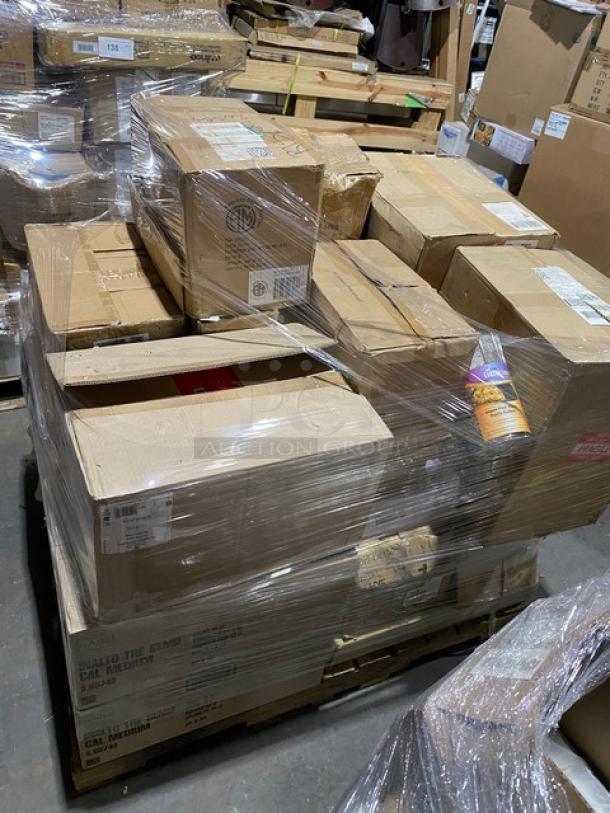 Mixed pallet of commercial culinary items in original packaging. Includes color-coded cutting board, porcelain bowls, ice tongs, oval basket, wine glasses, and forks. Sealed with plastic wrap. Model details visible on boxes.