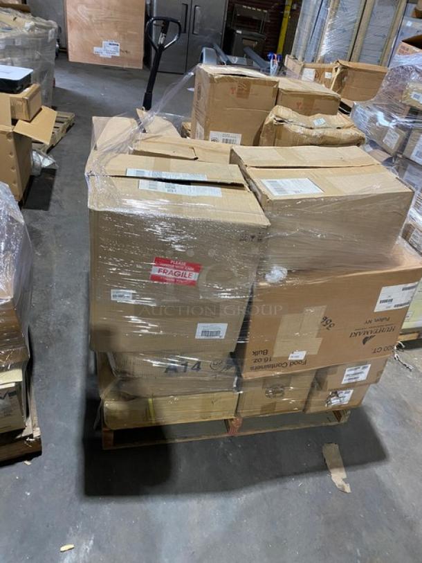 Pallet with mixed culinary essentials including green cutting boards, porcelain bowls, ice tongs, and more. Sealed in packaging.