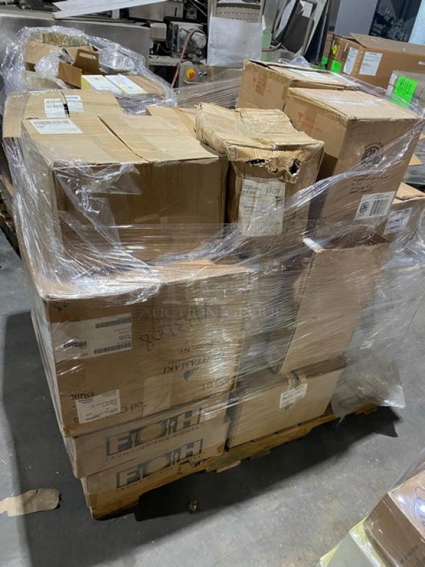 Mixed pallet of culinary essentials, including cutting boards, bowls, ice tongs, baskets, wine glasses, and forks. 43X your bid!