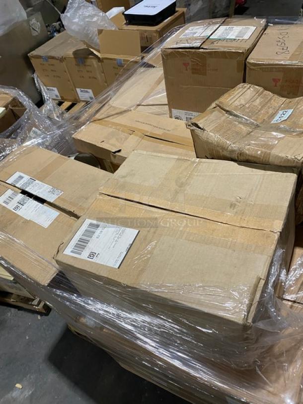 Mixed pallet with brand new culinary items in original boxes, including cutting boards, bowls, tongs, baskets, wine glasses, and more.