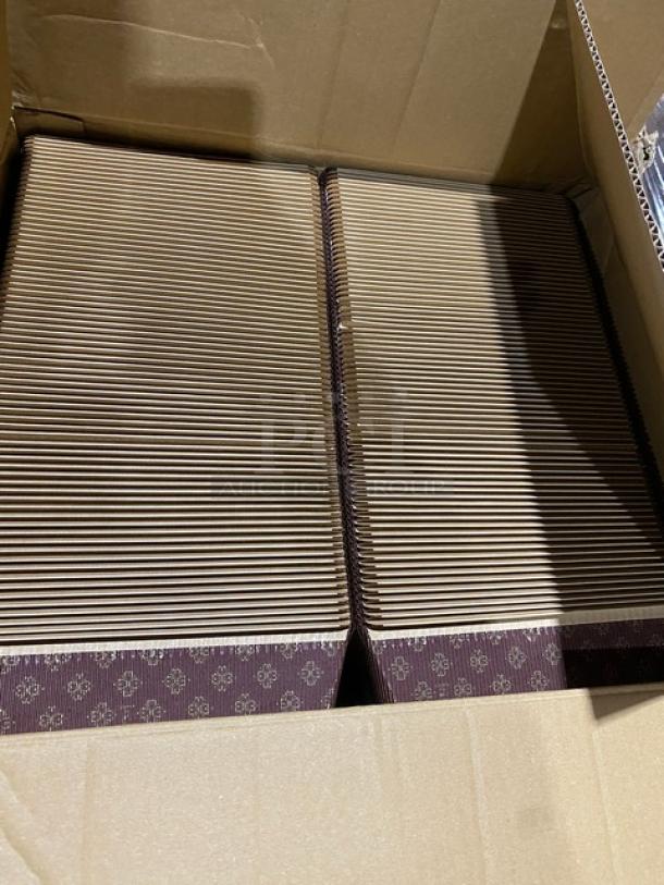 Box of neatly packed, brand new brown and purple cardboard sleeves, representing mixed pallet of culinary essentials for auction.