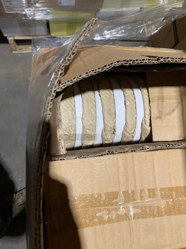 Brand new mixed pallet with commercial culinary items includes wrapped white porcelain bowls. Unused and in original packaging.