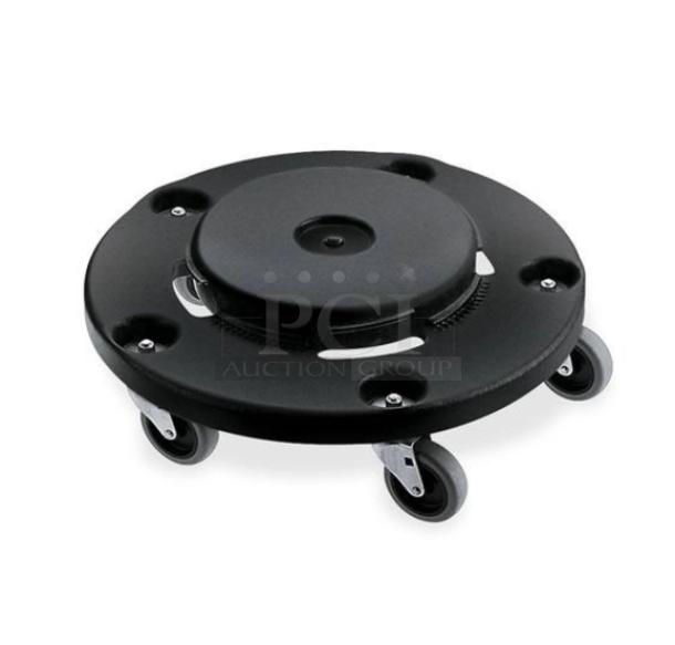 Brand new Rubbermaid BRUTE Series black trash can dolly, model FG264000BLA, featuring casters.