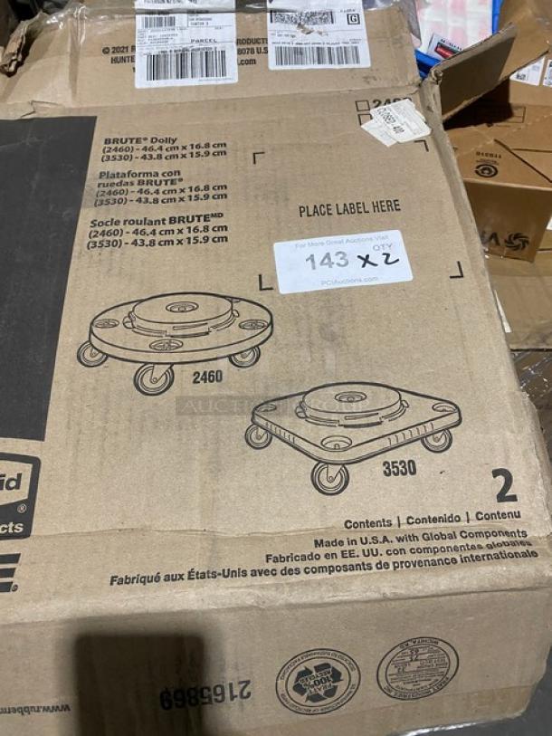 Brand new Rubbermaid BRUTE Series dolly, model FG264000BLA, for commercial use. Features casters for easy mobility.