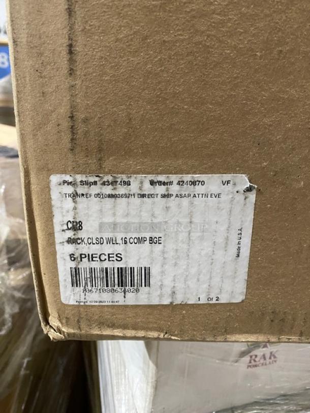 BRAND NEW Vollrath Traex Series Beige 16-Compartment Glass Rack, Model CR8. Label reads: 6 Pieces, Rack, CLSD WLL, 16 COMP BGE.