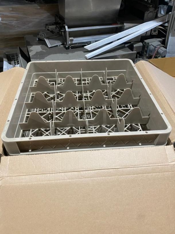 Brand new Vollrath Traex CR8 glass rack, beige, 16-compartment, full-size closed wall, 3-1/4" height, in original packaging.
