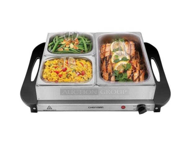 Chefman RJ22-SS-B electric buffet server and warming tray combo, new condition, three stainless steel trays, 120V.