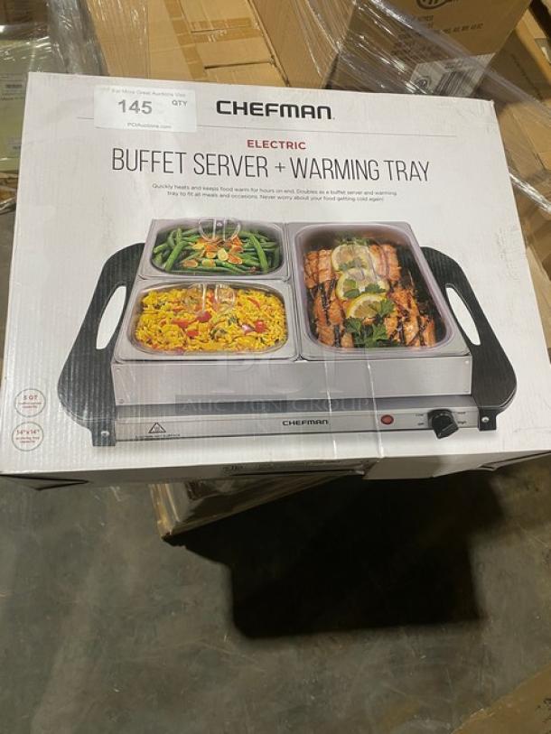 Chefman Electric Buffet Server & Warming Tray, Model RJ22SSB, new in box, features 120V power, three warming trays.
