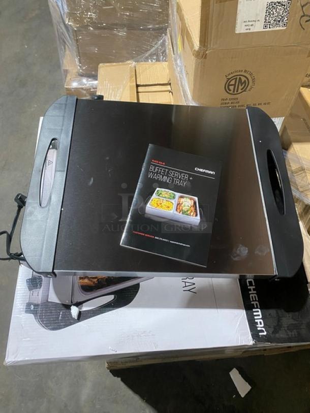Brand new Chefman RJ22-SS-B electric buffet server and warming tray, 120V. Includes manual, in original packaging.