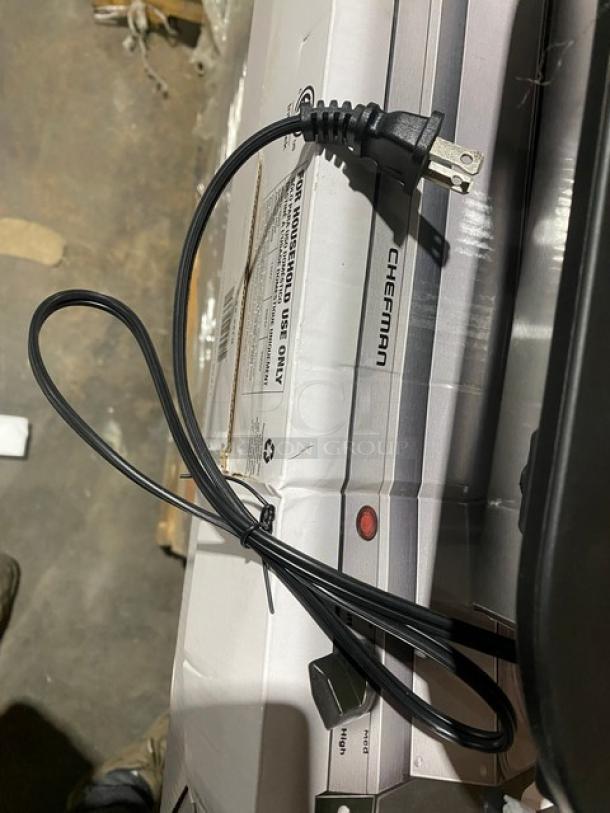 Brand new Chefman RJ22-SS-B electric buffet server and warming tray, showing power cord and control knobs.