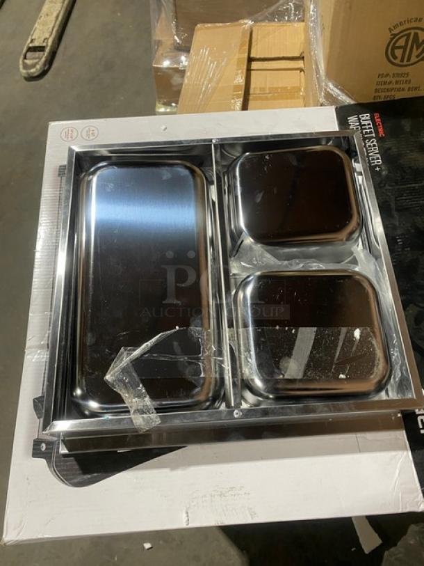 Chefman RJ22SSB buffet server and warming tray, brand new in packaging, stainless steel finish, electric-powered, 120V.