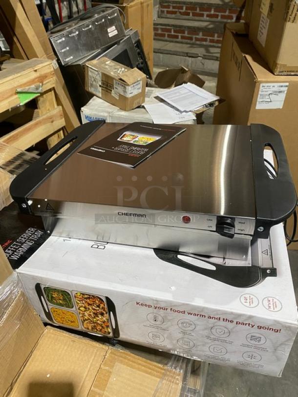 BRAND NEW Chefman Commercial Electric Buffet Server & Warming Tray, Model RJ22-SS-B, 120V, in box with control knobs.