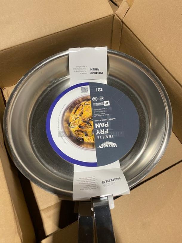 Brand new Vollrath Tribute Series 12" fry pan, tri-ply stainless steel, plated handle, model 691112, with tags.