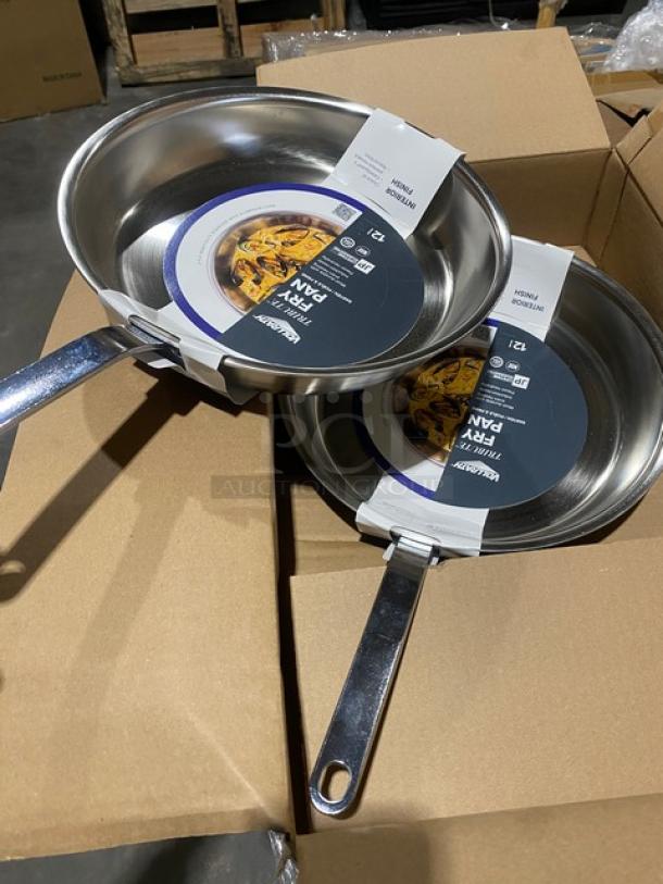 Brand new Vollrath Tribute Series 12" round fry pan, model 691112, stainless steel tri-ply with plated handle.