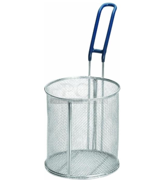Brand new Tablecraft commercial mesh round pasta basket with blue coated grip handle.