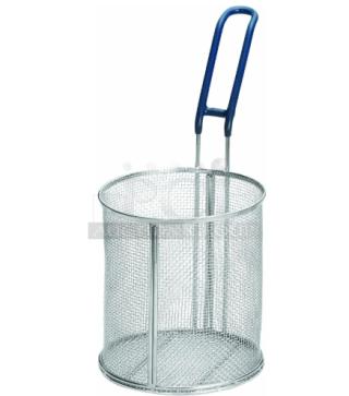 Brand new Tablecraft commercial mesh round pasta basket with blue coated grip handle.