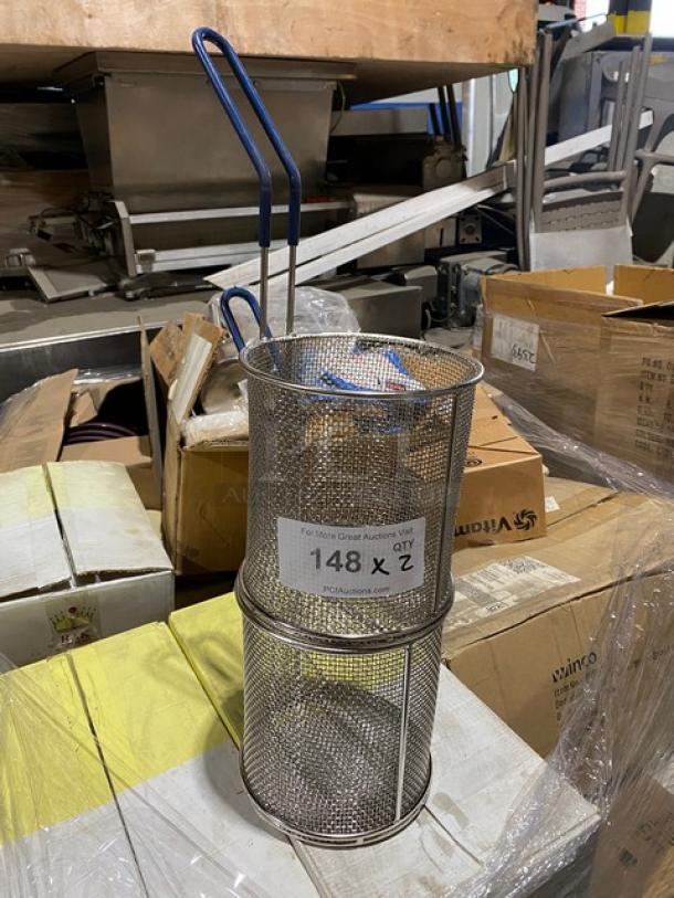 Brand new Tablecraft commercial mesh round pasta basket with coated blue grip handle, shown with auction lot tag.