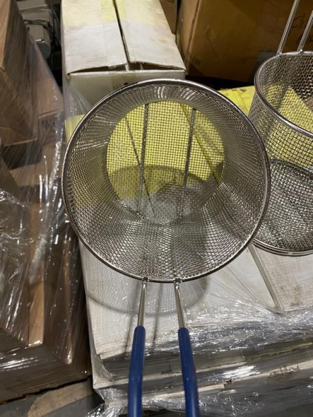 Brand new Tablecraft commercial mesh pasta basket with coated blue grip handle, round shape, excellent condition.