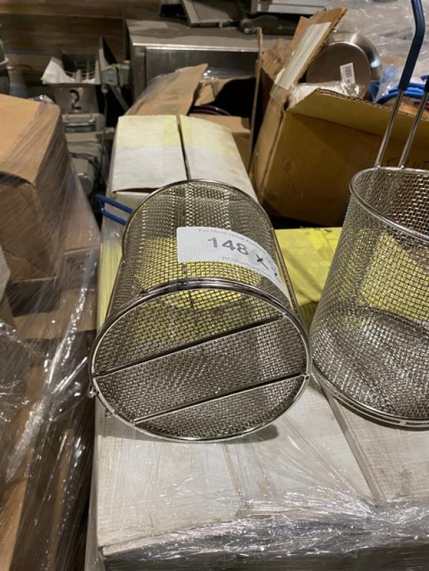 Brand new Tablecraft commercial mesh round pasta basket with coated blue grip handle, shown with auction tag number 148.