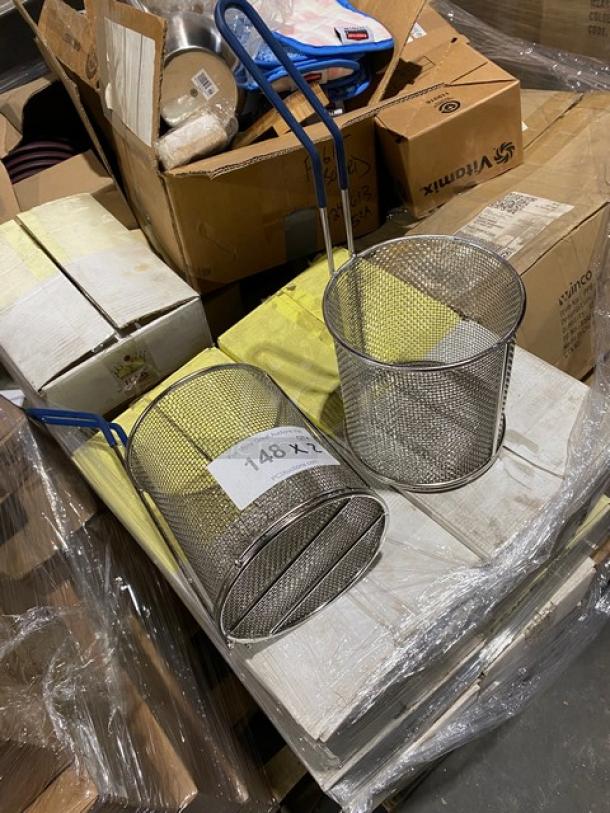 Brand new Tablecraft commercial mesh round pasta baskets with coated blue grip handles. Quantity: 2.
