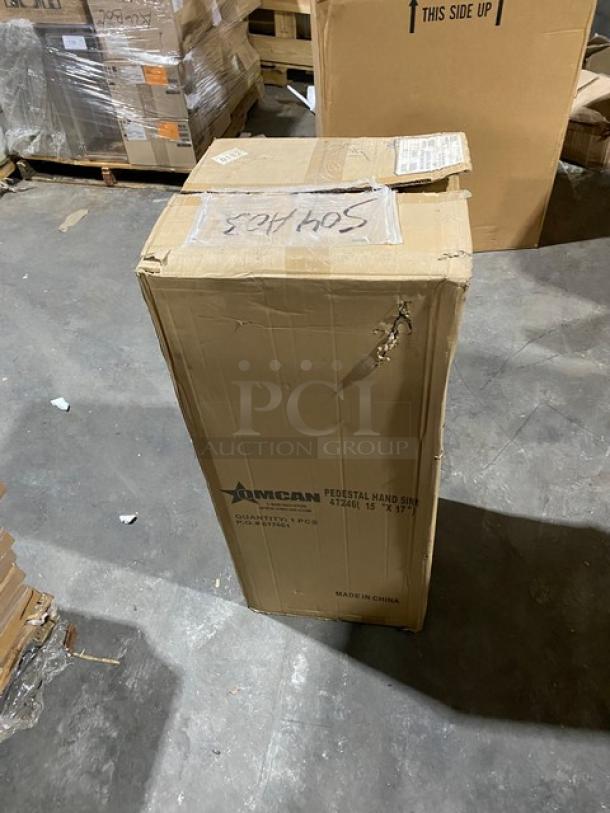 Brand new Omcan commercial stainless steel hand sink in box, model 47246. Includes dual-functionality and floor mop sink.