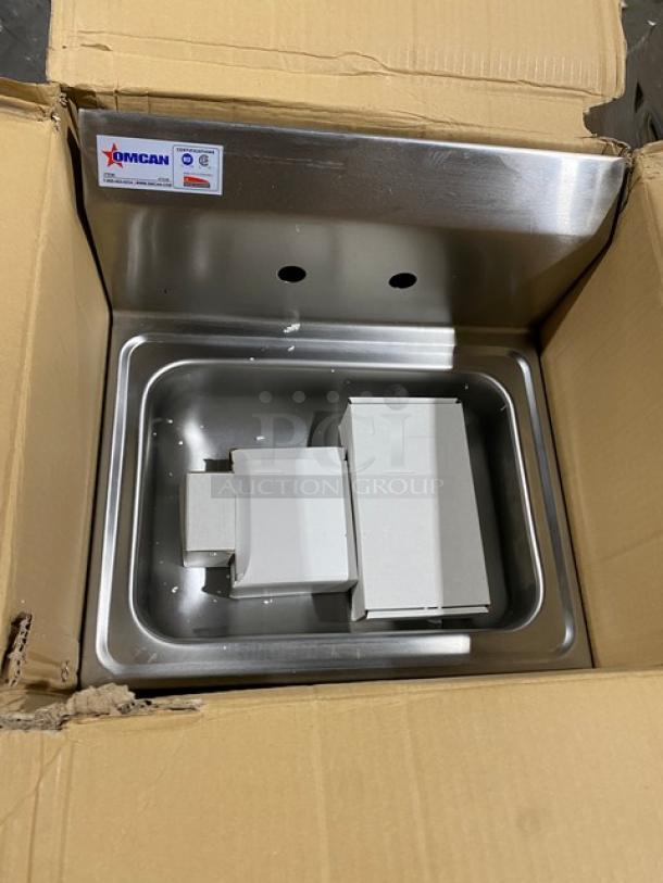 Brand new Omcan 47246 commercial stainless steel dual-function single bowl hand sink with floor mop sink in packaging.