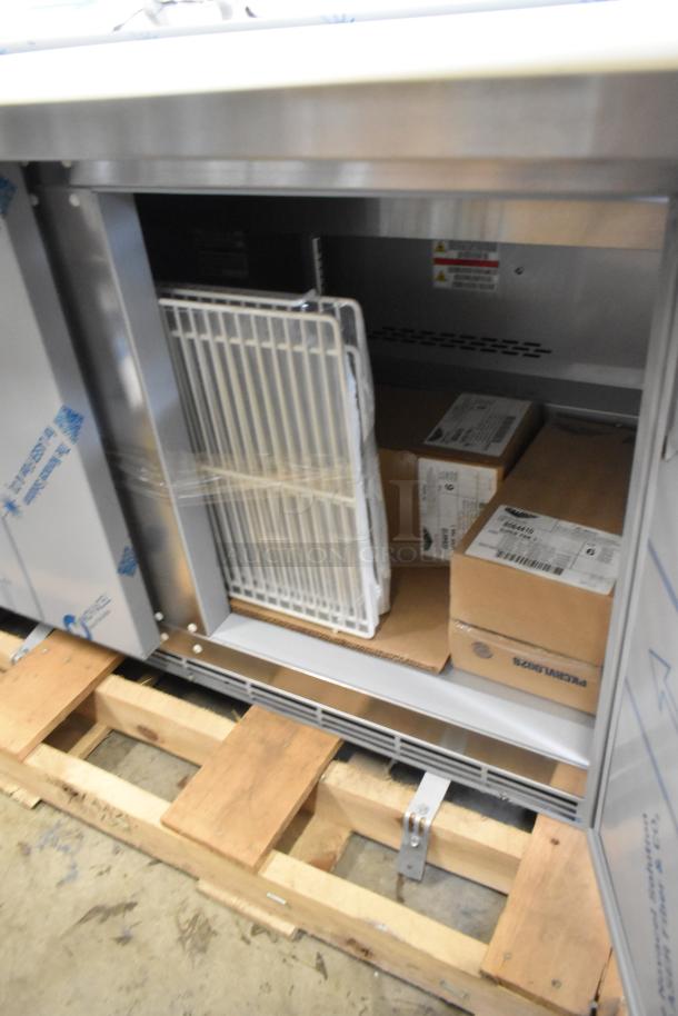 Beverage Air SPE48HC-12C refrigerated sandwich prep table, scratch and dent, new, 48", 2-door, 115V, palletized.