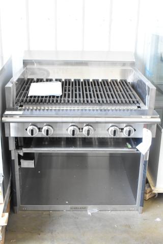 Brand new 2025 Garland C36-NRS stainless steel natural gas charbroiler grill, under shelf, light scratches.