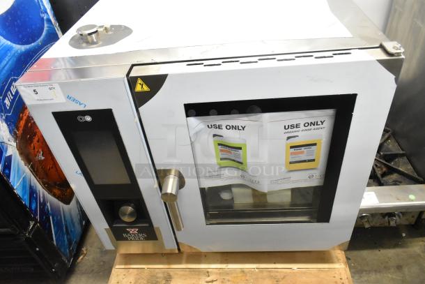 BRAND NEW Bakers Pride AEHE061R Stainless Steel Combi Convection Oven, 208 Volts, 3 Phase, with visible use instructions.
