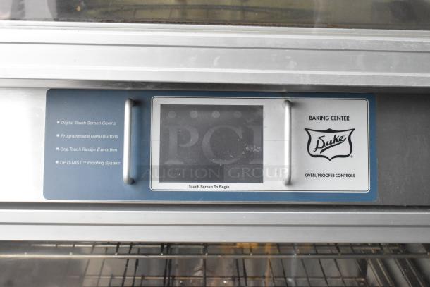 Duke TSC-6/18 stainless steel oven proofer with touch screen control, programmable menu buttons, on commercial casters.