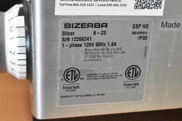 2023 Bizerba GSP HD Metal Meat Slicer label showing model and specifications. 115V, 1 Phase. Made in Germany.