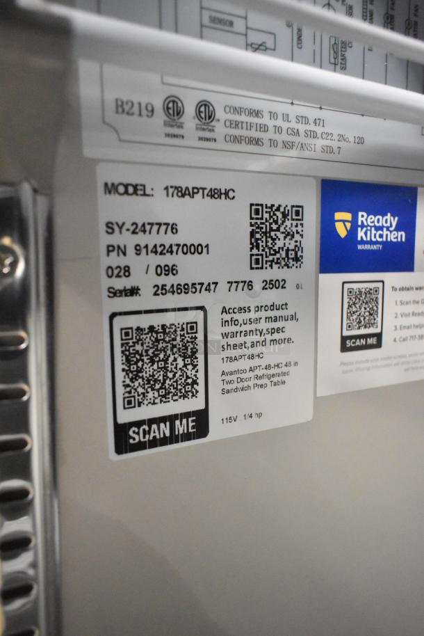 Brand new Avantco 178APT48HC stainless steel commercial prep table label, showing model, serial number, and certifications.