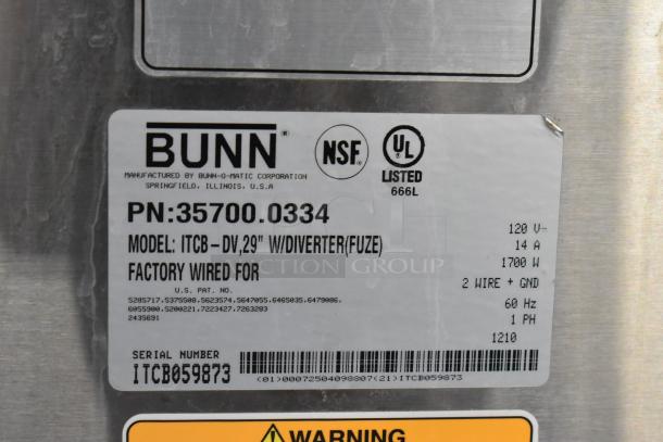Bunn ITCB-DV Stainless Steel Commercial Iced Tea Machine label displaying model, voltage (120V), and safety certifications.